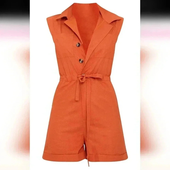 Pretty Little Things Rust Sleeveless Button Front Utility Romper - Picture 4 of 8